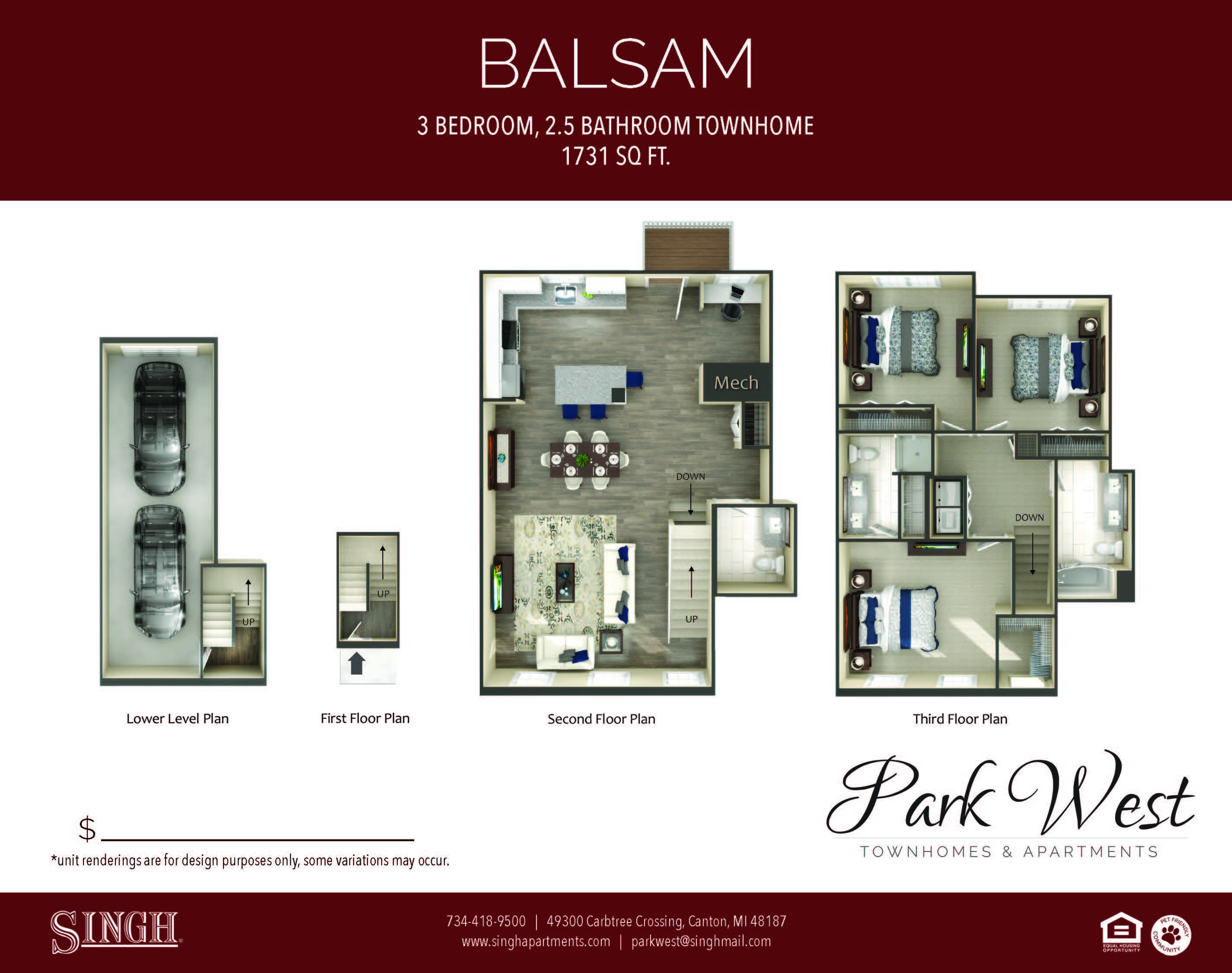 Floor plan for 3 beds, 2.5 baths, 1731 sqft